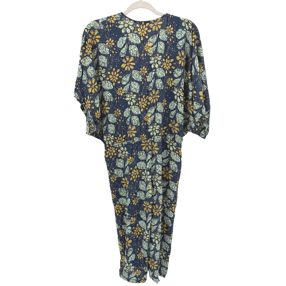 On The Road Womens Floral Batik Surplice V-Neck Drawstring Cropped Jumpsuit Navy